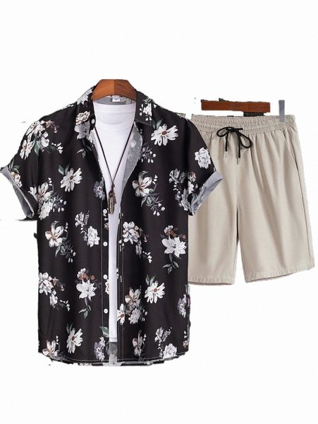 

men floral print shirt & drawstring waist shorts without tee x9rh#, Gray