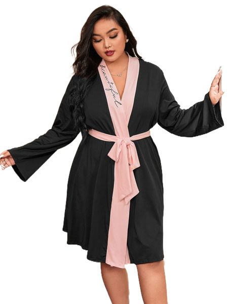 

plus letter graphic contrast trim belted robe 07nt#, Black;white