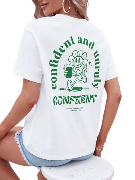 

slogan & cartoon graphic tee 23gf#, White