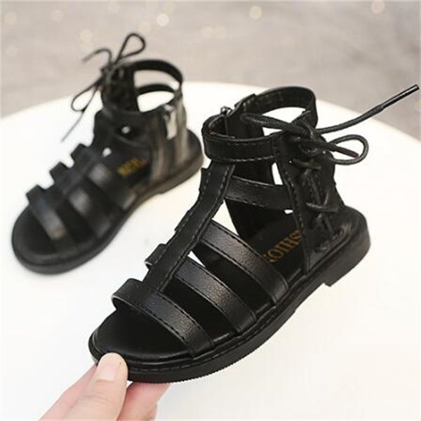 

2022 summer new girls roman sandals high gang open toe sandals boots fashion retro british children's princess shoes women child flats, Black;red