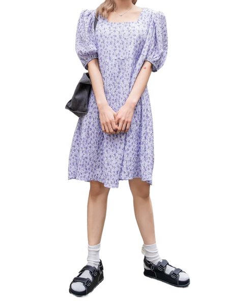 

dazy allover floral print puff sleeve textured smock dress f3o2#, Black;gray