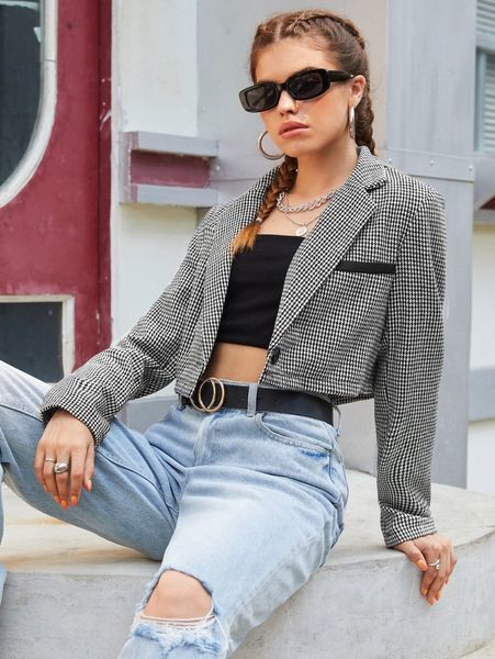 

lapel neck houndstooth print crop tweed blazer i8mz#, White