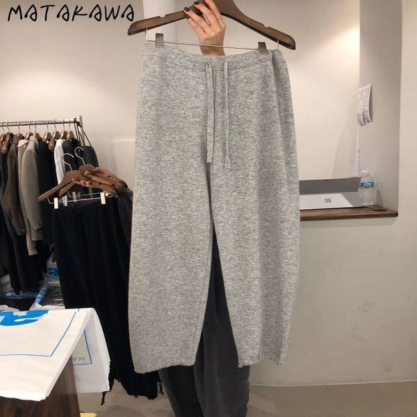 

korean highwaist knitted pants women pure color versatile casual woman trousers straight wideleg long 210506, Black;white