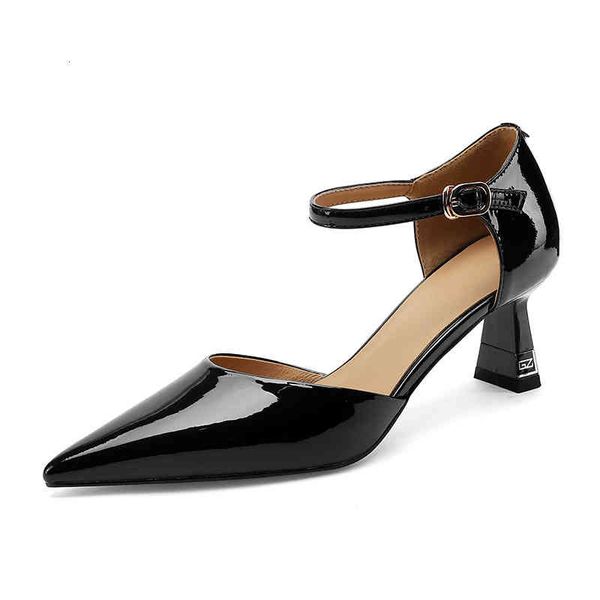 

sandals spring and summer women's shoes pointed thick high heels buckle cow lacquer leather hollow baotou cool single 1k8d, Black