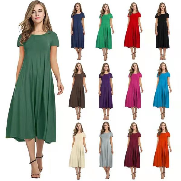 Kleider Plus Size Midi Sommerkleid Mode Lässig Rundhals Kurzarm Blank Swing Kleider Streetwear Damenbekleidung Damenbekleidung