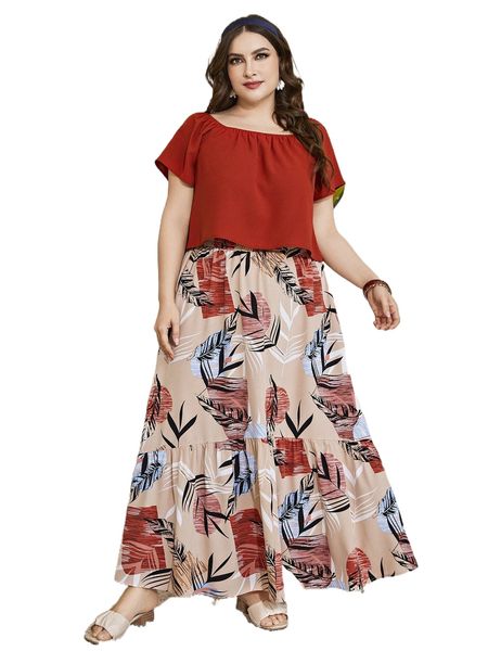 

plus solid ruched & tropical print skirt a4xw#, Black