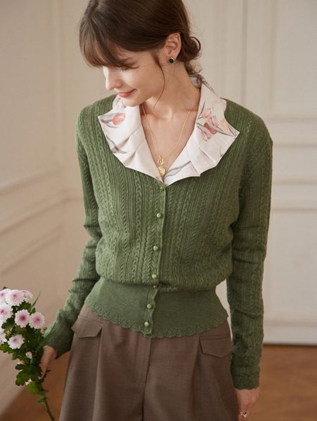 

simple retro wide hem button placket cable knit cardigan m15i#, White;black