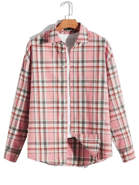 

1 pc drop shoulder plaid shirt p69b#, White;black