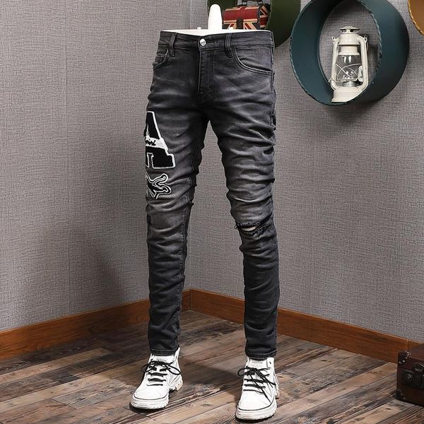 

men retro jeans street style fashion black gray elastic slim fit ripped patches designer hip hop denim hole pants, Blue