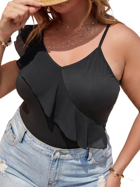 

plus asymmetrical neck ruffle trim solid bodysuit n9ct#, Black