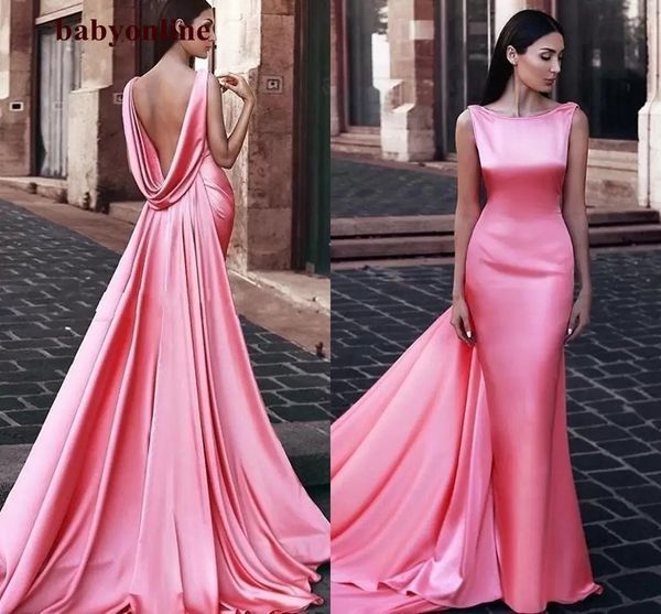 Mermaid Formal Night Vestres 2022 Scoop sem costas Mulheres do Oriente Médio Vestidos de noite com envoltórios vestidos de jantar rosa de melancia