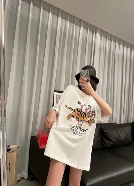 

women's t-shirt designer chaopai 22 early spring new year of the tiger lehu series fire jump ring tiger print embroidery loose short sl, White