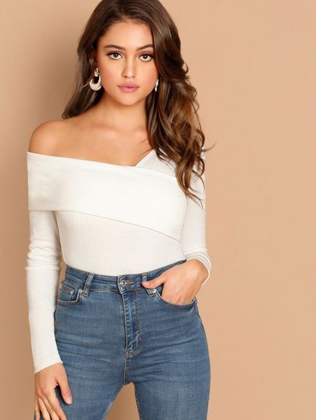 

foldover asymmetrical neck solid tee n7xw#, White