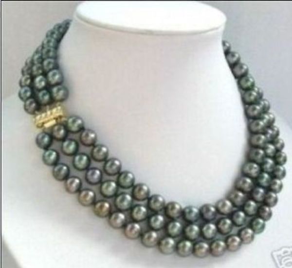 

3 row 43cm 45cm 48cm 7-8mm natural tahitian black pearl necklace, Silver