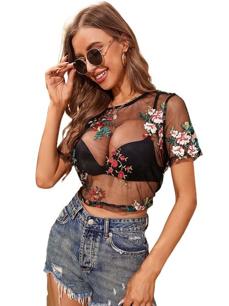 

floral embroidery keyhole back mesh without bra b5zt#, White