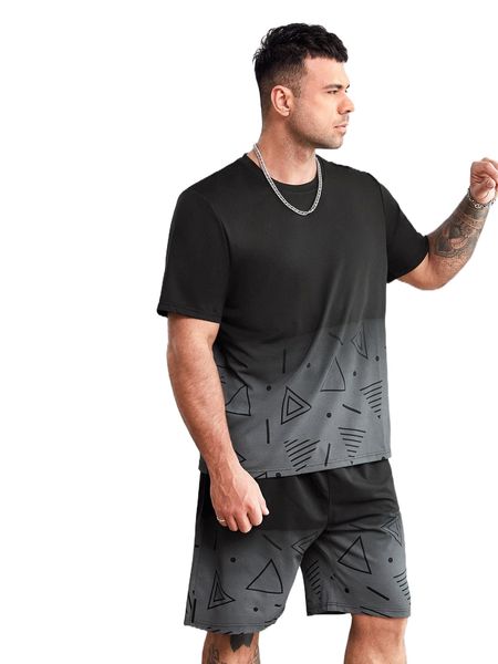 

extended sizes men geo print tee & drawstring waist shorts a8g8#, Gray