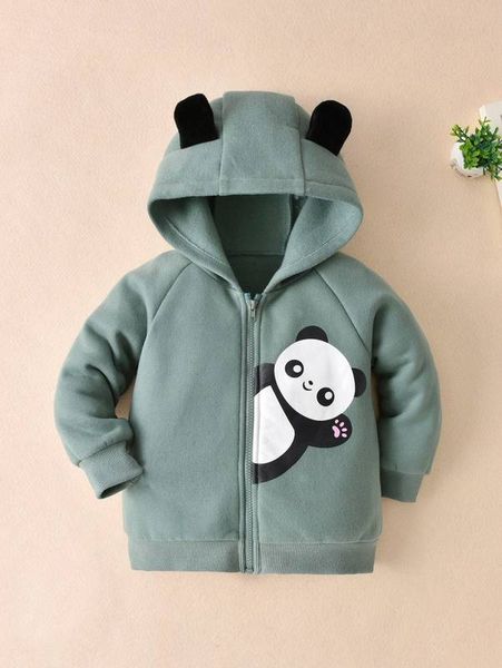 

toddler boys panda print 3d ear design zipper thermal hooded jacket she, Blue;gray