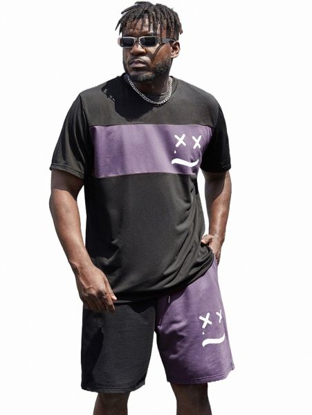 

extended sizes men cartoon graphic colorblock tee & shorts 10kj#, Gray