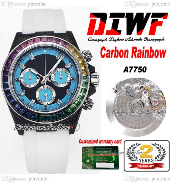 DIWF ETA A7750 Cronógrafo automático unissex masculino Womens assista a fibra de carbono Rainbow Diamond Beliscel azul Black Dial White Oysterflex Rubber Super Edition PureTime H8