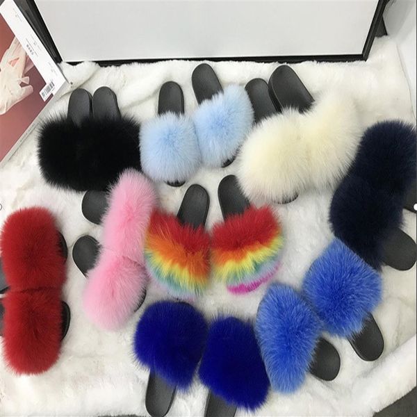 

ins new real fox slippers kids winter fur child home slides girls sliders raccoon fluffy chinelo flats beach children indoor slipp247t, Black;grey