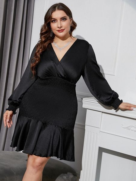 

plus surplice neck shirred lantern sleeve ruffle hem dress v7q1#, Black