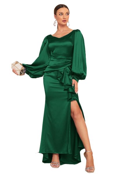 

lantern sleeve draped split thigh satin prom dress 87ye#, Black;gray