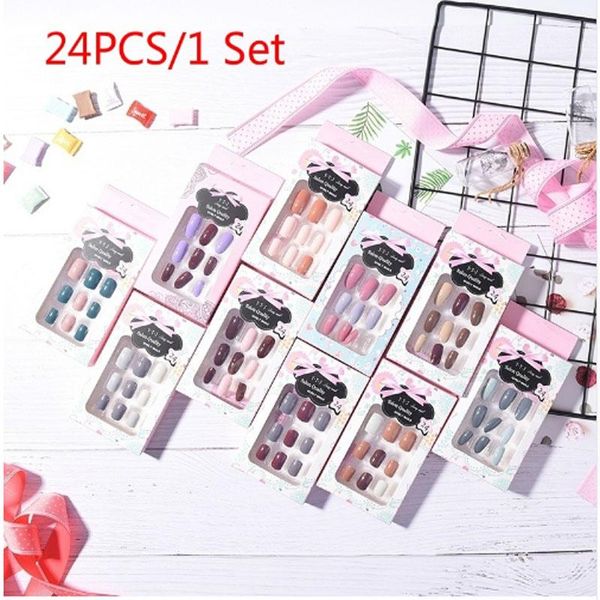 Kits de arte unhas 24pcs/conjunto amêndoa unhas falsas colorida sólida cor diy 10 estilo comprimento médio comprimento de ponta com kitnail de cola