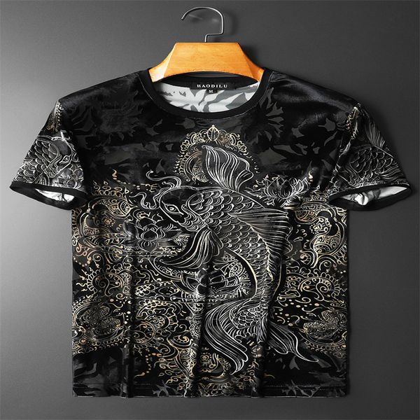 

2022 summer new chinese style carp print gold velvet men's short-sleeved t-shirts round neck thin casual bottoming shirts, White;black