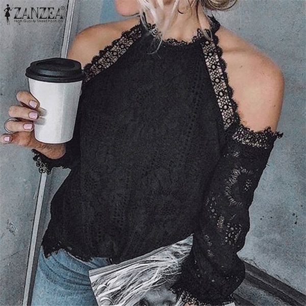 2019 Plus Size Fashion Party Camicetta da donna Solido spalla fredda Tunica Top Estate manica lunga in pizzo all'uncinetto Camicie Donna T200321