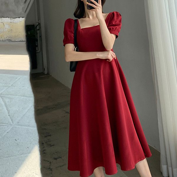 

red dress summer dress new square collar french retro temperament bubble sleeve, Black;gray