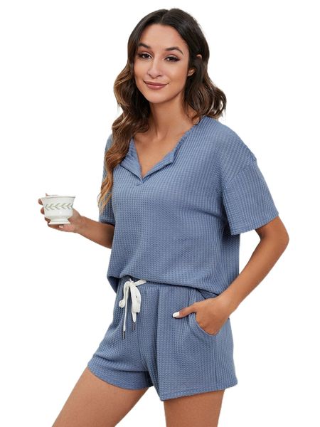 

drop shoulder waffle knit & shorts pj set a0bo#, Black;red