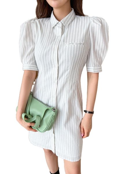 

dazy striped puff sleeve shirt dress o1rz#, Black;gray