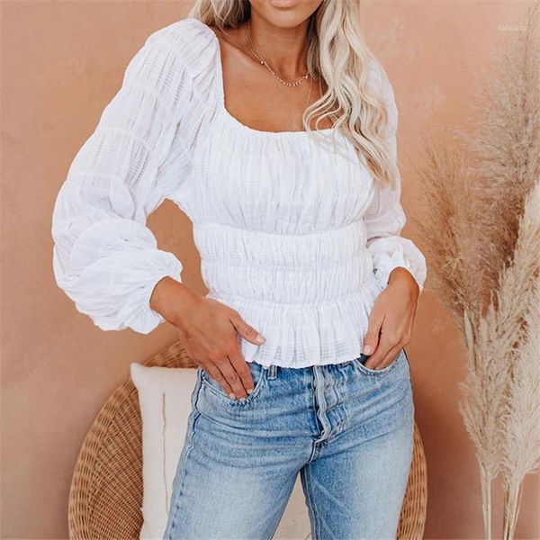 Damen T-Shirt 2022 Herbst Mode Vintage Solide Plissee Quadrat Kragen Laterne Lange Lose Hülse Hemd Crop Top Für Frauen Weiß Gelb Blau