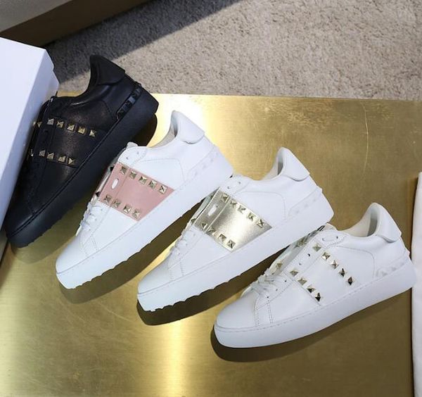 

designer v genuine leather women's sneaker casual shoes new rivet flat white lace up men and women sneakers couple casual sports shoe b, Black