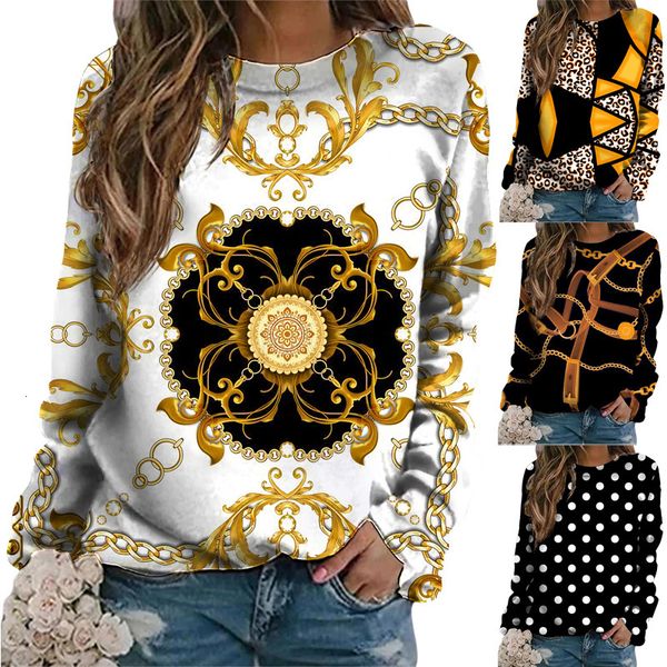Dames Hoodies Sweatshirts Mode Gouden Patroon Dames Casual T-shirt met lange mouwen Vintage 3D-print ONeckVNeck Pullover Tops Elegante dameskleding 230206