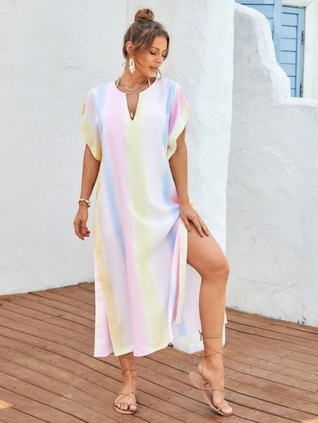 

striped print split thigh dress h28u#, Black;gray