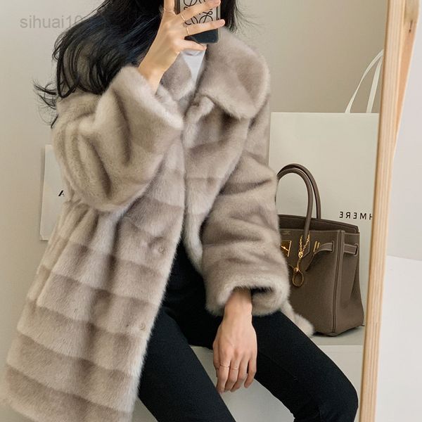 

women faux fur jackets gradient mink turn-down collar stripe clothing warm thicker long jacket winter 2021 soft furry overcoat new l220725, Black