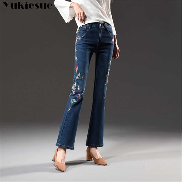 jeans de bordado de branqueamento elástico de bordados jeans nacionais de microhorn tamanho grande era calça de cintura fina para mulheres 210608