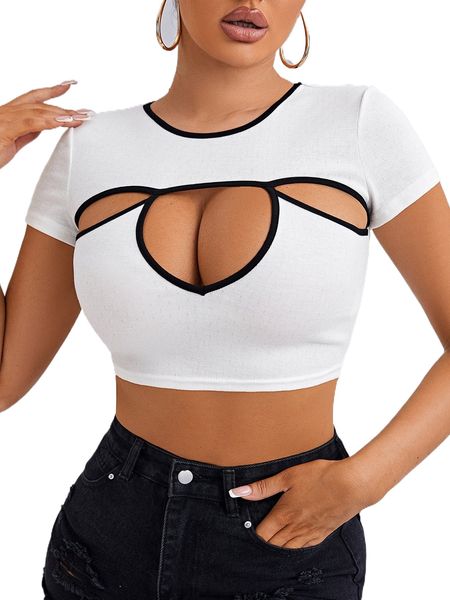 

sxy cut out front contrast binding crop tee 042h#, White