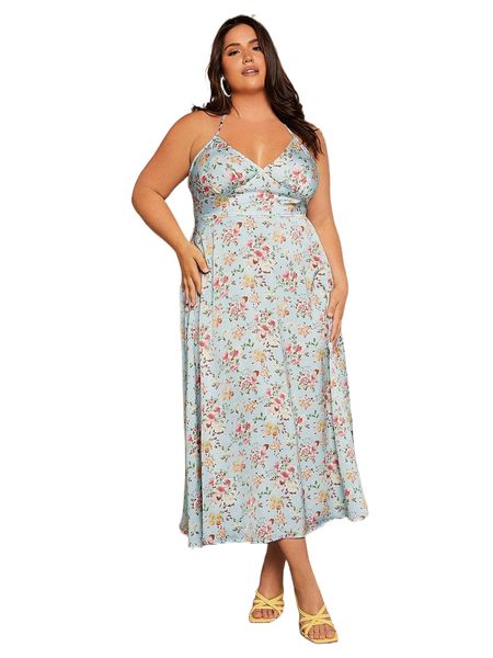 

plus floral print criss cross tie backless cami dress q0tg#, Black