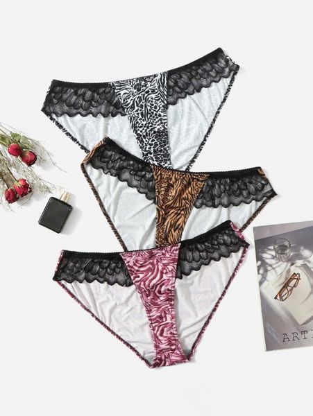 

plus 3pack all over print contrast lace panty x30x#, Black;white
