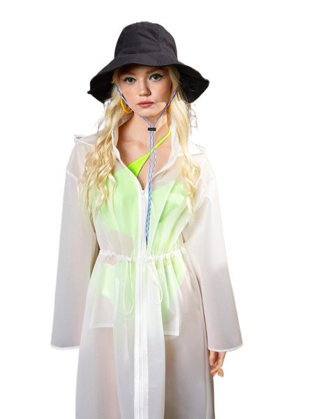 

slogan graphic drawstring waist hooded trench coat o7t0#, Tan;black