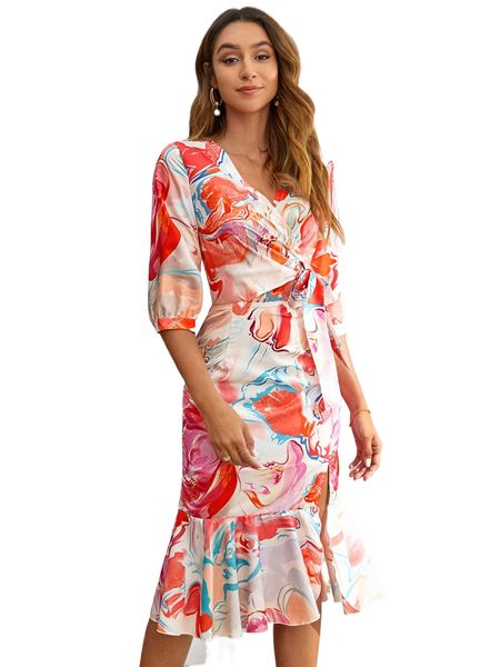 

floral print bishop sleeve tie side slit thigh ruffle hem dress j3oj#, Black;gray