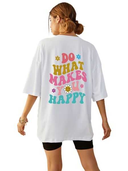 

slogan & floral print drop shoulder tee d0kv#, White