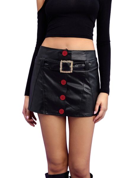

button front buckle belted patent skirt b7gg#, Black