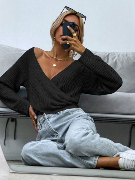 

overlap collar heathered knit sweater v2t1#, White;black