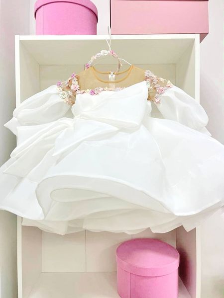Weiße Blume Blumenmädchenkleider Große Schleife Organza Langarm Hochzeitskleid für kleine Mädchen Kommunion Festzug Geburtstagskleider