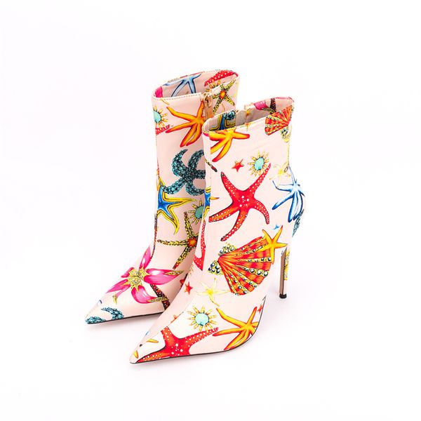 

2022 women's boots autumn winter new european and american fashion print upper stiletto side zipper ankle boots, Black