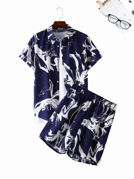 

men random graphic print pocket patched shirt & shorts without tee x2ow#, Gray