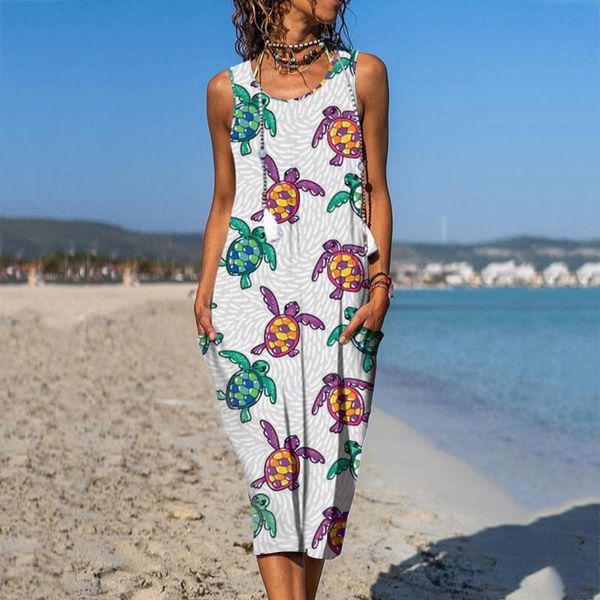 Abiti casual Donna Midi Vest Dress Estate 2022 Senza maniche Tartaruga stampata Vintage Bohemian Holiday Square Neck Long Beach DressCasual